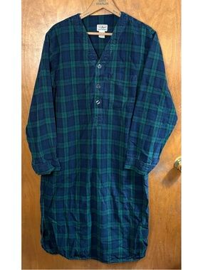 L.L. Bean Blue Green Plaid Vintage Flannel Nightgown Long Sleeve Cottagecore M